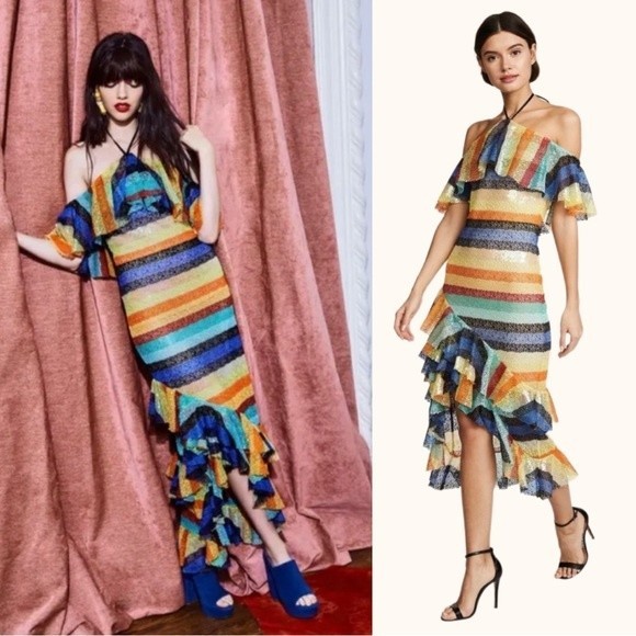 Alice + Olivia | Annabeth Sequin Embroidered Mesh Rainbow Striped Ruffle Dress - Picture 2 of 16